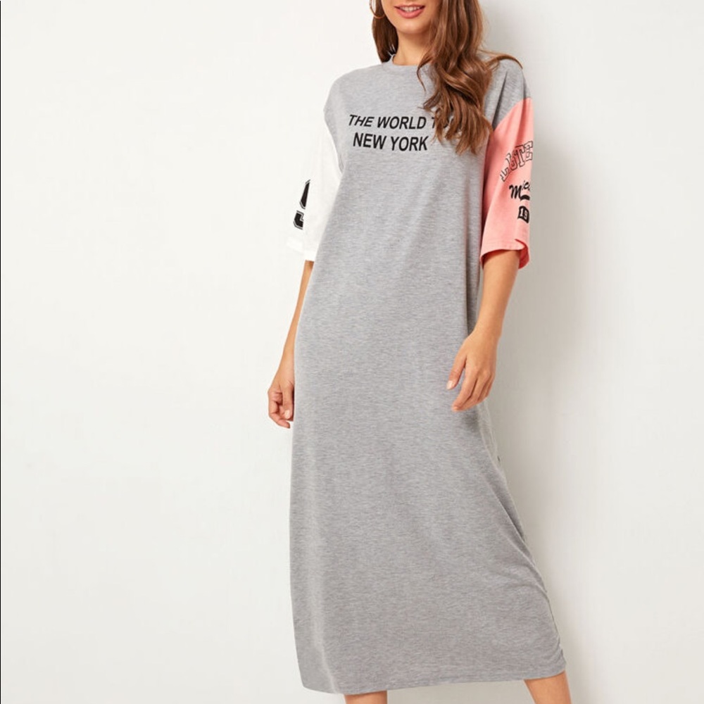 SHEIN Colorblock Sleeve Varsity Print Tee Dress